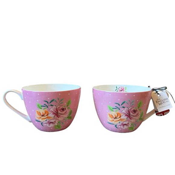 English Mug Co Fine China Pink Floral Coffee Mug Tea Cup 12oz Set of 2 New - Picture 8 of 15